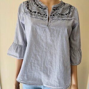 Coco Colette -Women`s Blue White Striped Embroidered Casual Top-Shirt size S